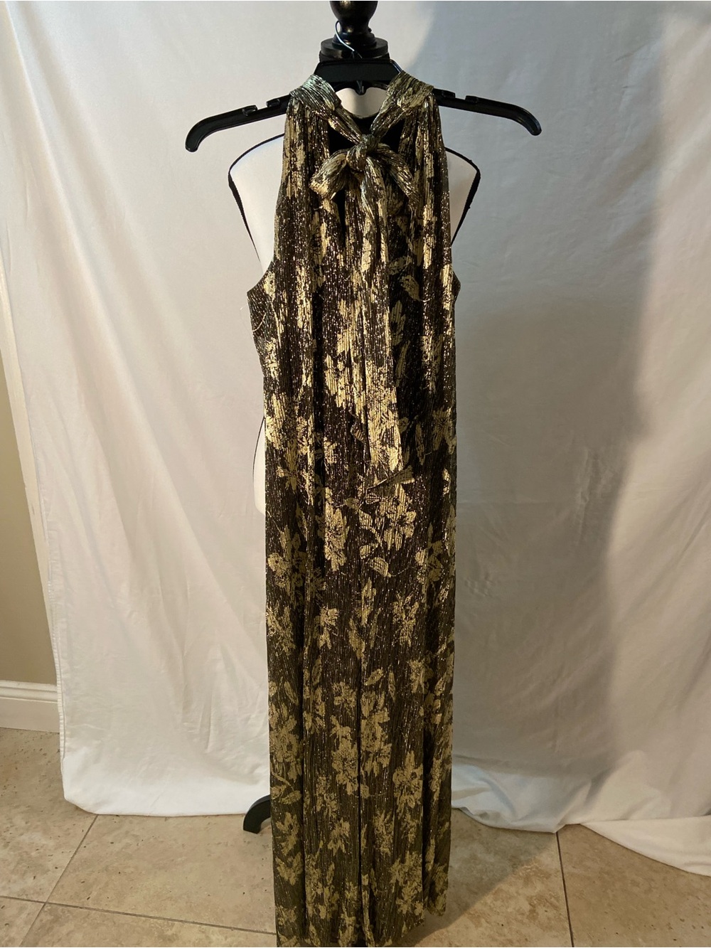MSK black and Gold Metallic Halter Maxi jumpsuit.
